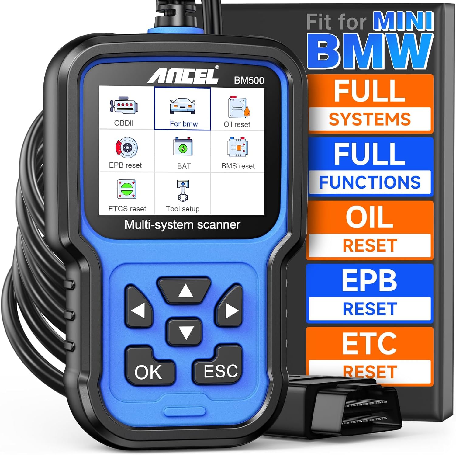 ANCEL BM500 Battery Registration Tool Fits for BMW Mini - All Systems OBD2 Scanner with Engine, ABS, SRS, ESP, SAS System Diagnosis, Car Code Reader for CBS, EPB, ETC, BMS, PCM, Oil Reset