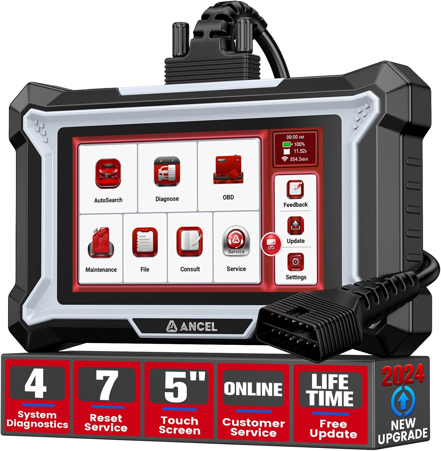 ANCEL DS100 OBD2 Scanner ABS SRS Transmission Check Engine Code Reader with 7 Resets, ABS Bleeding/Oil/Brake/BMS/SAS/ETS Reset, Gear Learning, Lifetime Free Update, Online Customer Service