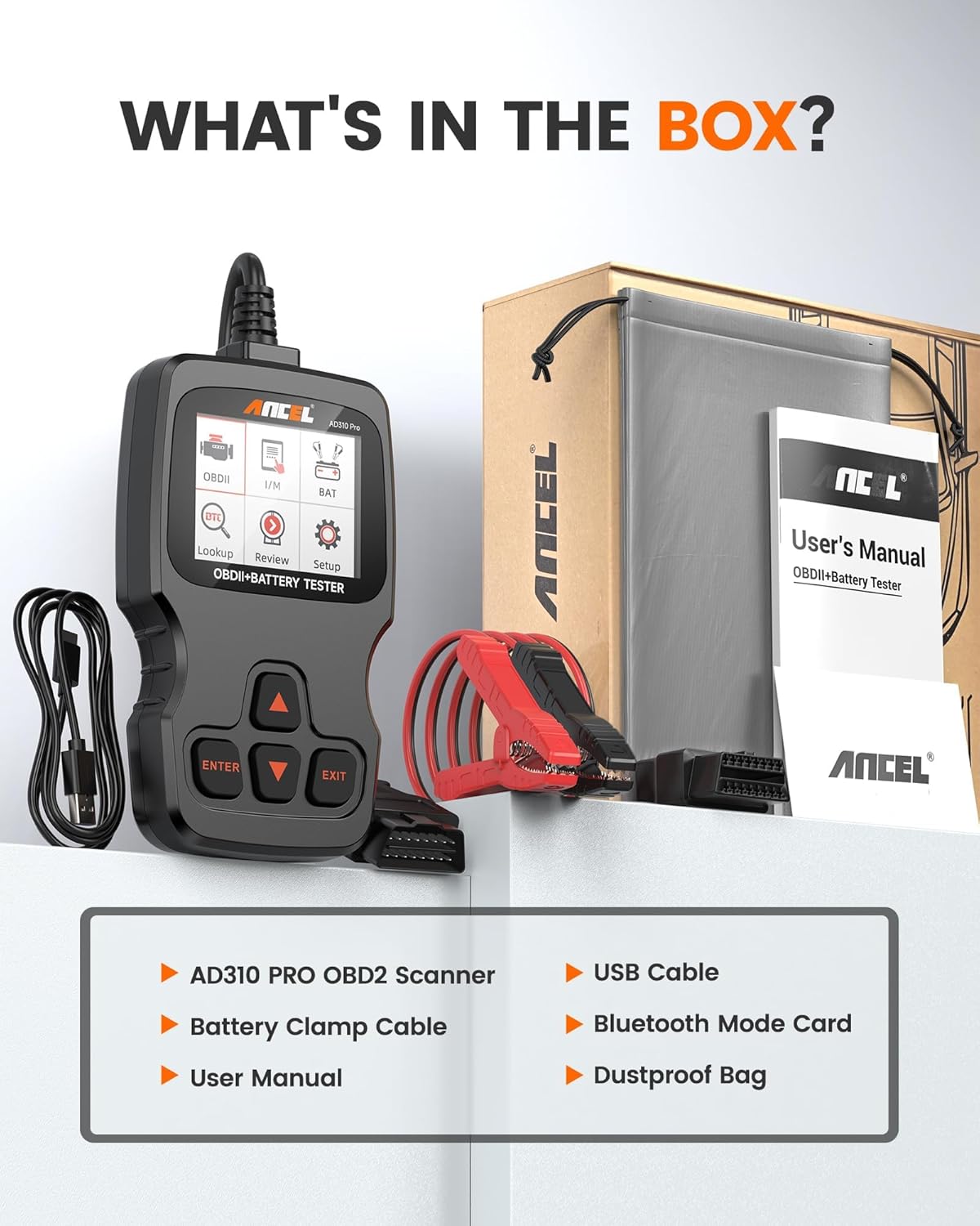 ANCEL AD310 Pro 3 in 1 OBD2 Scanner Bluetooth, Car Diagnostic Scanner Battery Tester 12V 24V 100-2000 CCA Battery/Cranking/Charging Test, OBD2 Scanner Diagnostic Tool for Car Engine Check