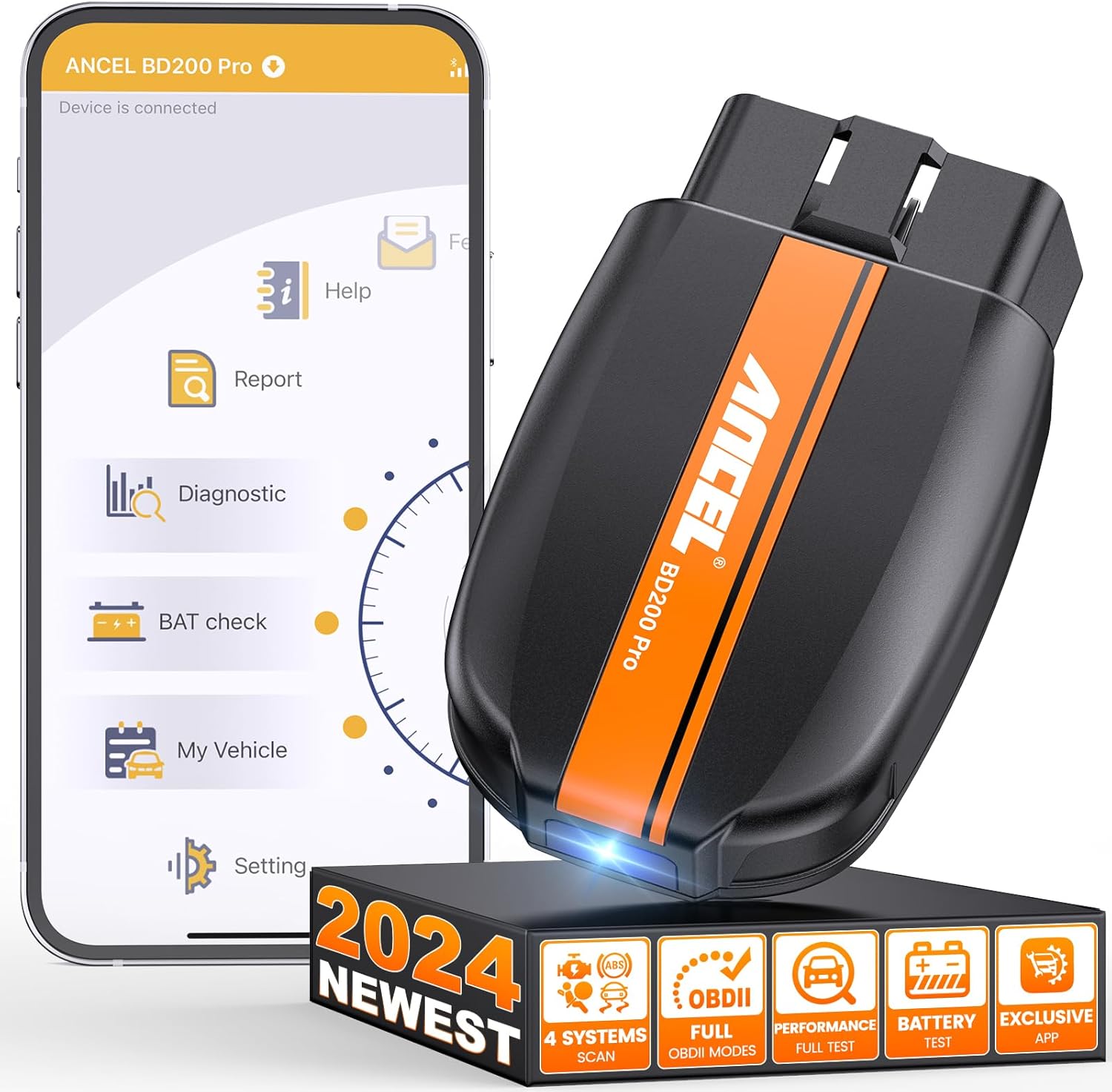 ANCEL BD200 Pro OBD2 Scanner Bluetooth, Enhanced Wireless Code Readers ABS SRS Transmission Airbag Car Scanner Diagnostic Tool with Battery Test, Check Engine Light Exclusive App for iPhone Android