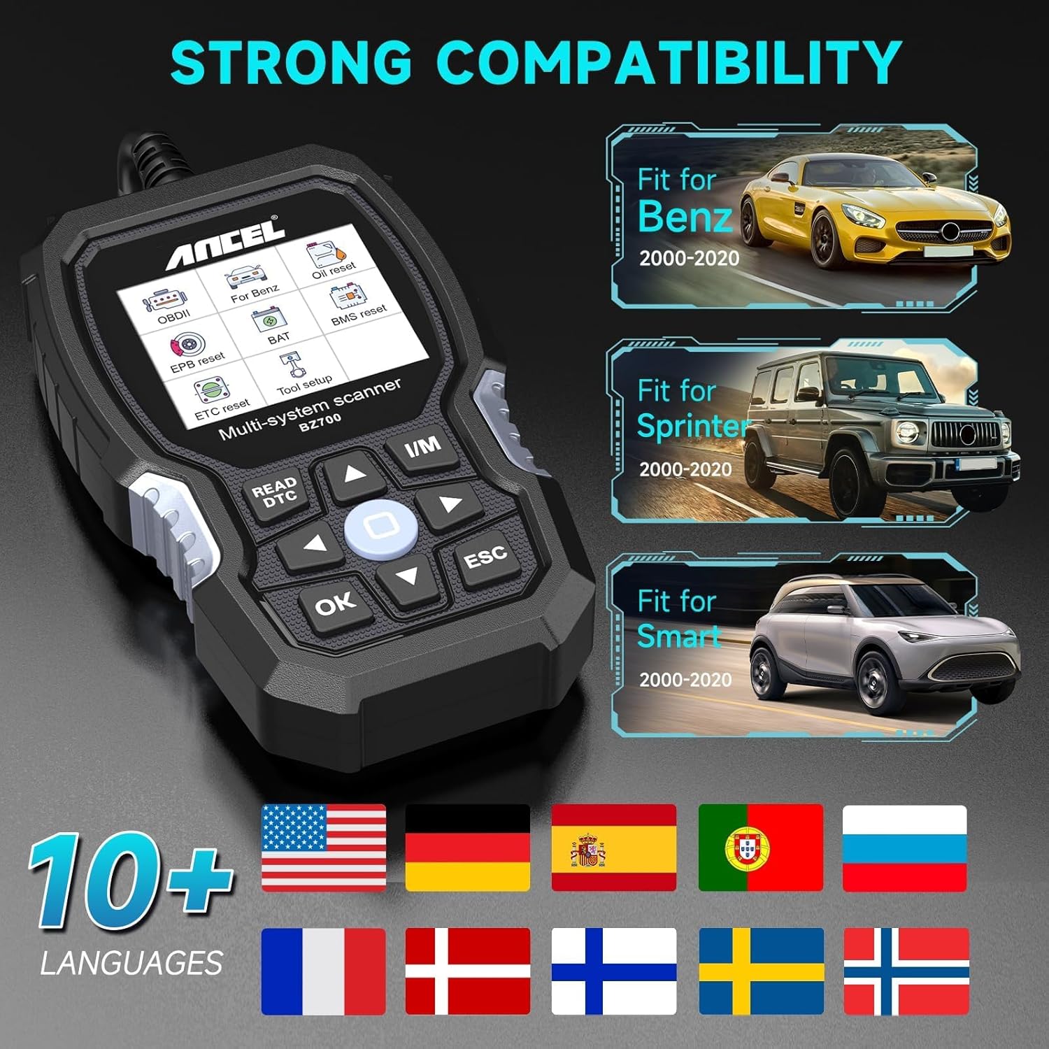 ANCEL BZ700 OBD2 Scanner fit for Mercedes Benz Sprinter Smart,Full System Car Code Reader Diagnostic Tool with All Reset Services, Battery Registration ABS Bleed Airbag EPB Oil SAS TPS CKP Active Test ANCEL BZ700 OBD2 Scanner fit for Mercedes Benz Sprinter Smart,Full System Car Code Reader Diagnostic Tool with All Reset Services, Battery Registration ABS Bleed Airbag EPB Oil SAS TPS CKP Active Test