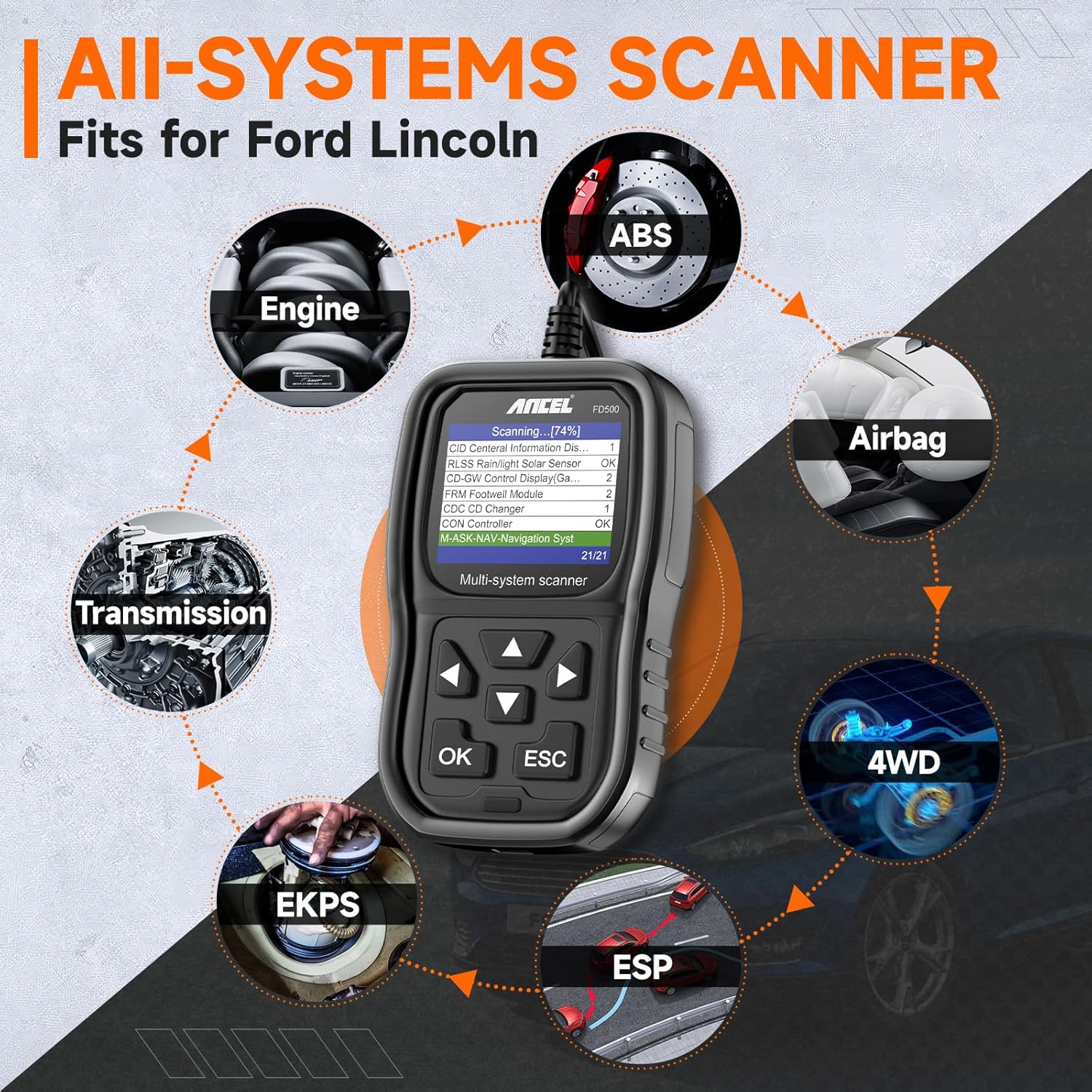 ANCEL FD500 OBD2 Scanner fits for Ford Lincoln Mercury - All Systems Code Reader with Engine, ABS, SRS, Transmission, 4WD Diagnostics - Scan Tool with EPB, Throttle, Oil Reset, Battery Registration ANCEL FD500 OBD2 Scanner fits for Ford Lincoln Mercury - All Systems Code Reader with Engine, ABS, SRS, Transmission, 4WD Diagnostics - Scan Tool with EPB, Throttle, Oil Reset, Battery Registration